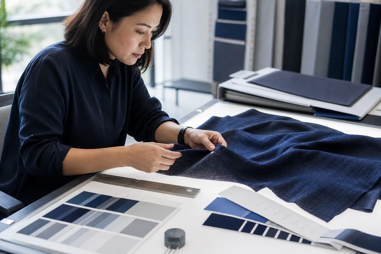 Textile specialist reviewing fabric quality and color