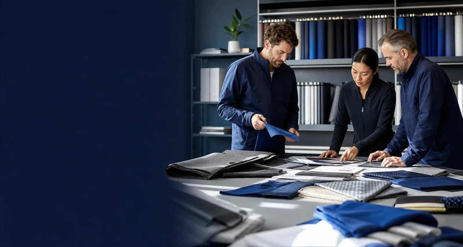BOMIN GLOBAL textile development team reviewing performance fabrics